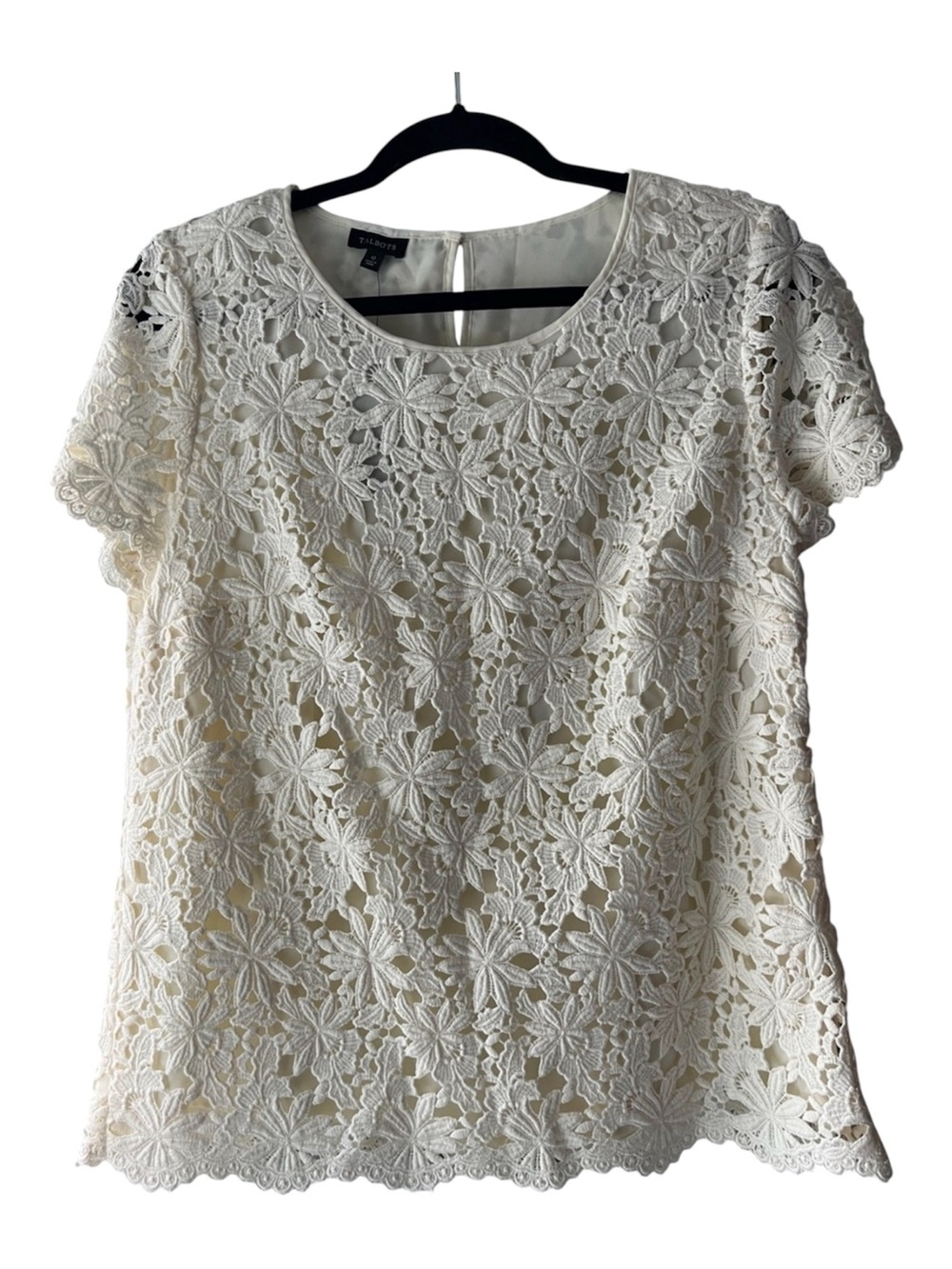 Talbots Ivory Floral Lace Short Sleeve Scalloped Hem Blouse 12 NWT Classic